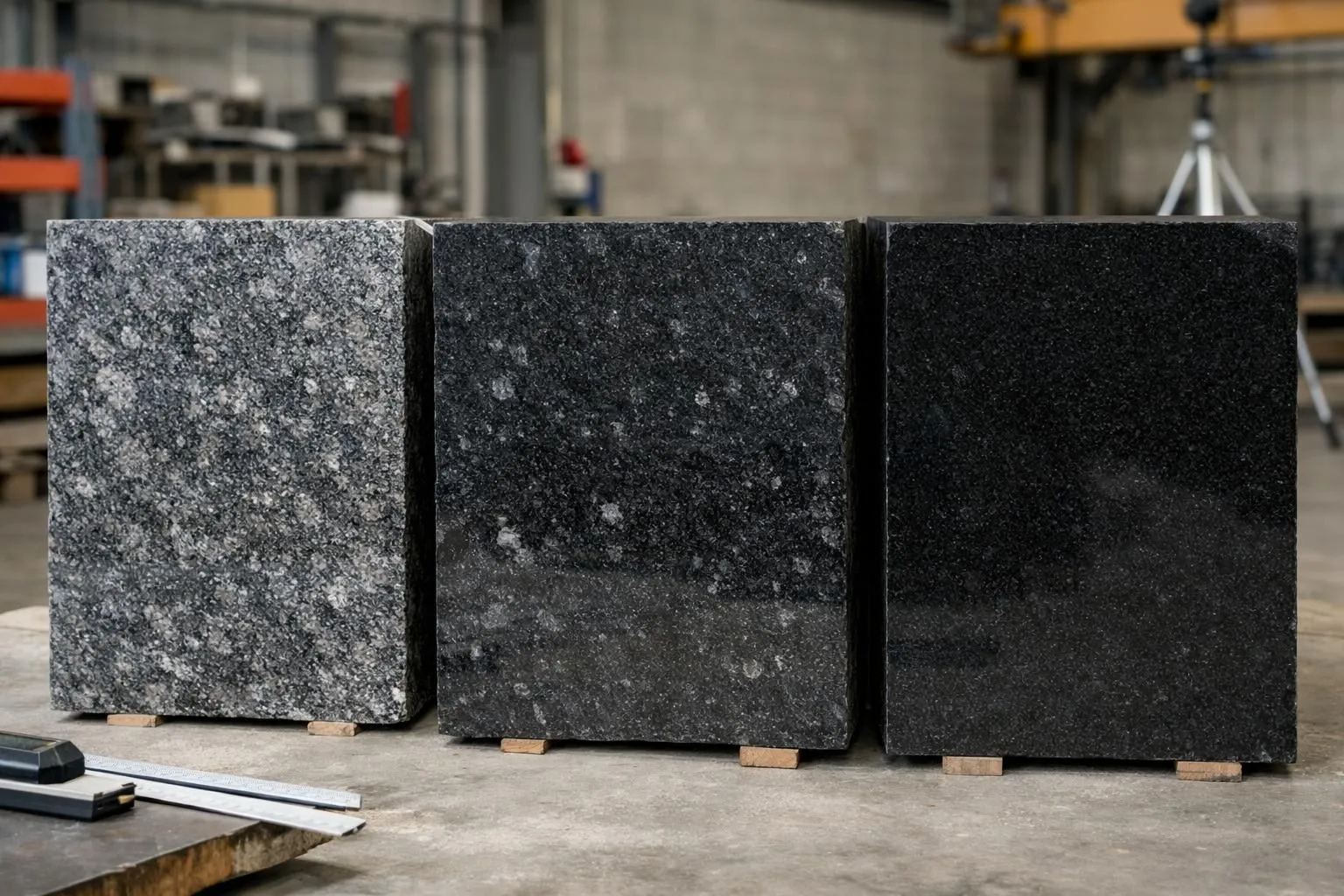 Close-up comparison of three natural Zimbabwe black granite blocks side by side in a warehouse, showing different quality grades with visible variations in texture, color depth, and mineral patterns, professional lighting, industrial setting with measuring tools visible