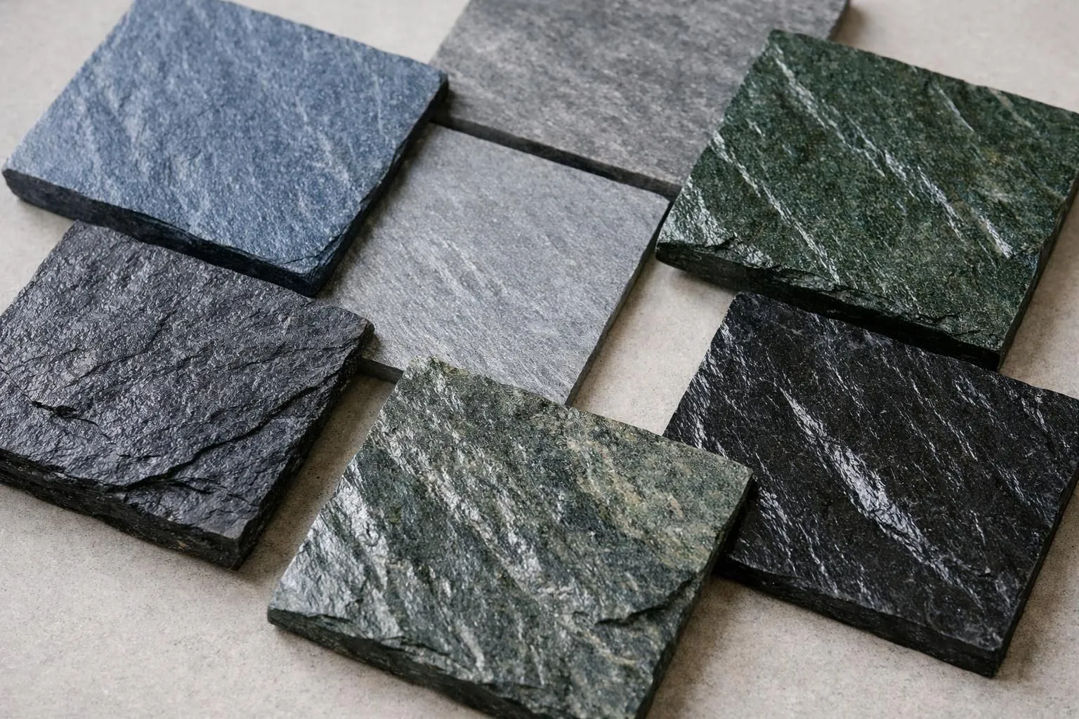 Close-up collection of aged phyllite stone samples displaying natural color variations from grey-blue to dark green and black with silvery highlights, arranged on a neutral surface showing different surface textures and finishes