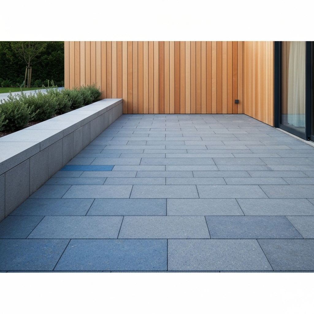Close-up photograph of natural slate stone tiles displaying various shades from light grey to deep anthracite black, showing natural cleft texture and layered structure, arranged as outdoor flooring in a modern minimalist courtyard setting, with subtle blue undertones visible in the darker stones