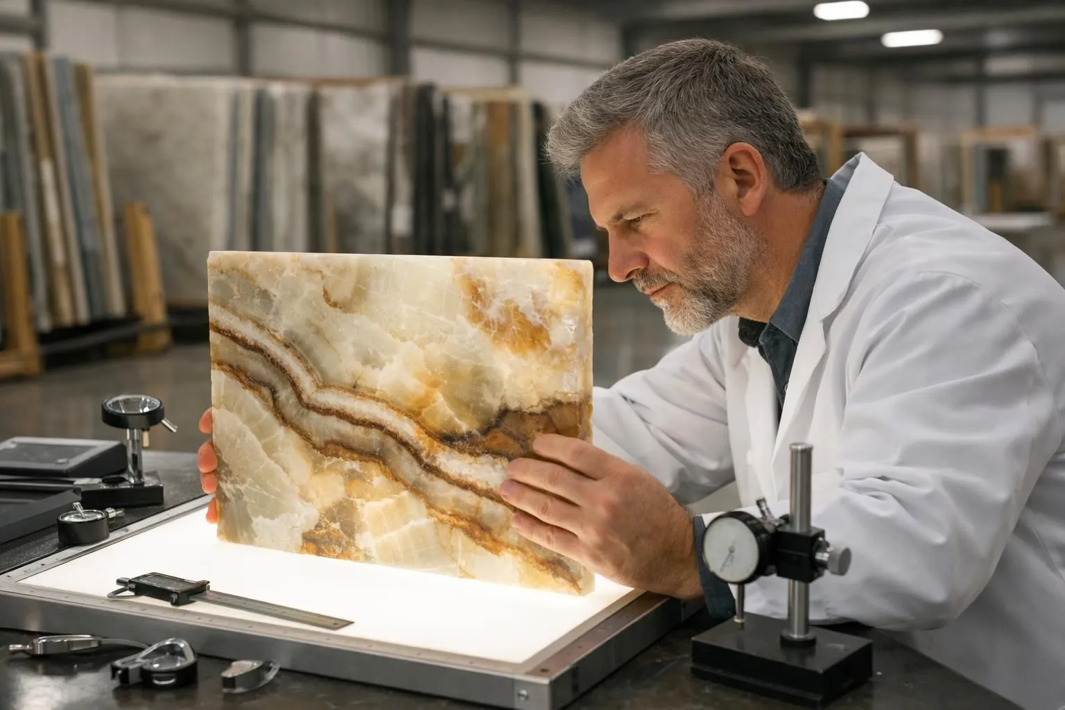 Professional stone quality expert wearing white gloves examining translucent onyx slab under specialized LED lighting in modern warehouse, revealing natural veining patterns and possible synthetic layers, stone sample on industrial inspection table with technical measuring equipment, realistic warehouse setting with natural stone inventory in background