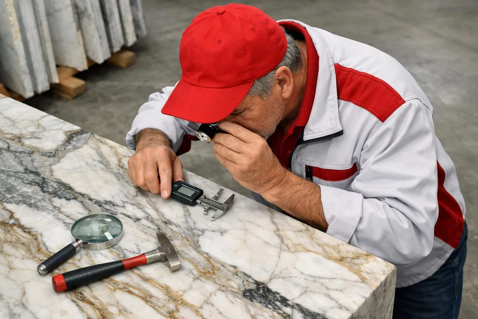Professional stone specialist in warehouse carefully inspecting natural stone slab quality with precision tools and lighting, examining surface texture and veining patterns, realistic professional photography