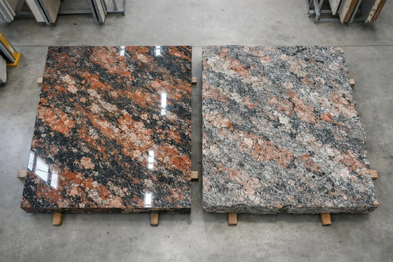 Close-up comparison of two natural stone slabs side by side showing visible texture and density differences, one polished and one rough-cut, in a warehouse setting with natural lighting highlighting the variations in porosity and surface treatment of granite materials