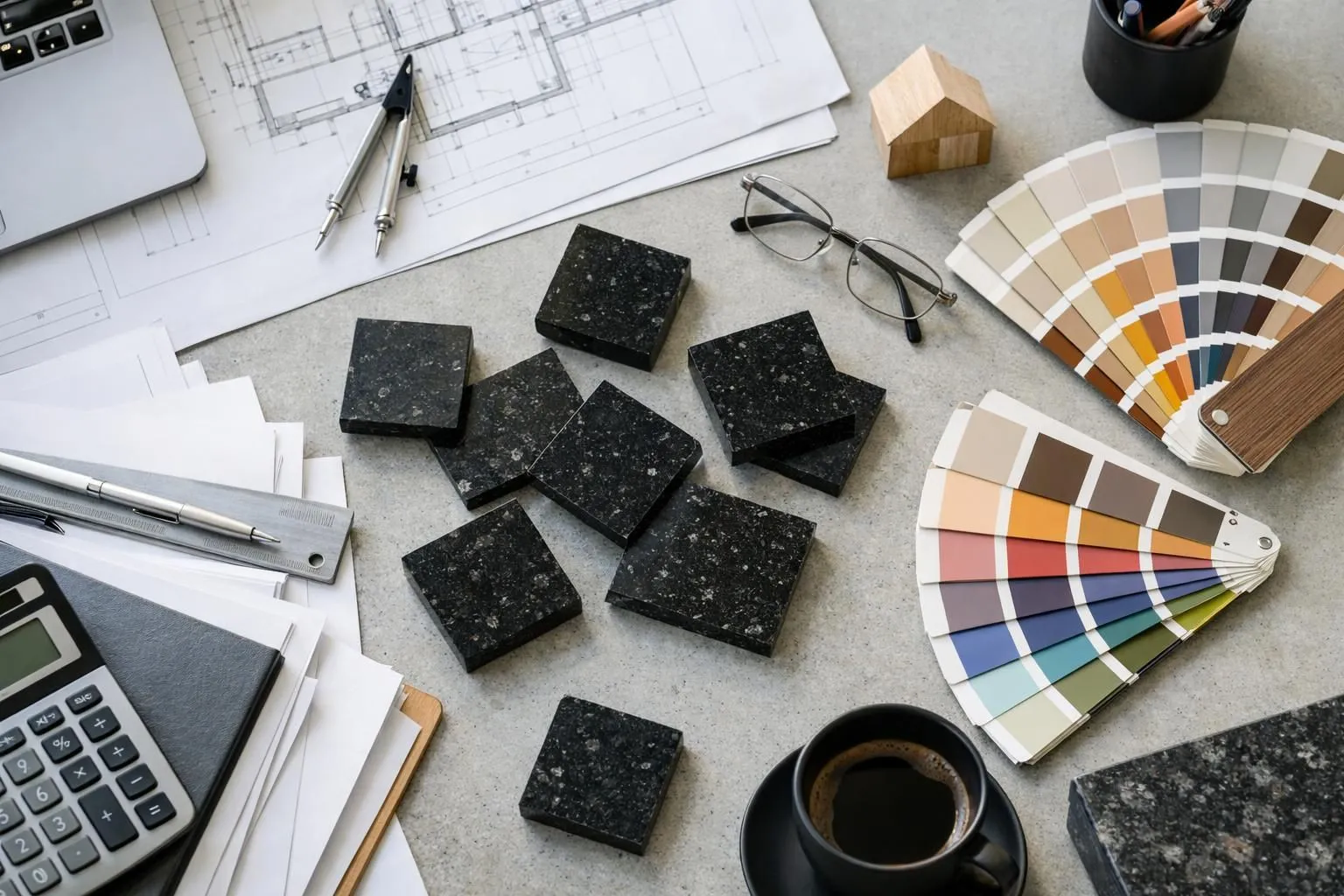 Architect in modern Swiss office reviewing granite samples spread on large desk alongside budget spreadsheets and construction plans, natural daylight from window, professional setting with material swatches