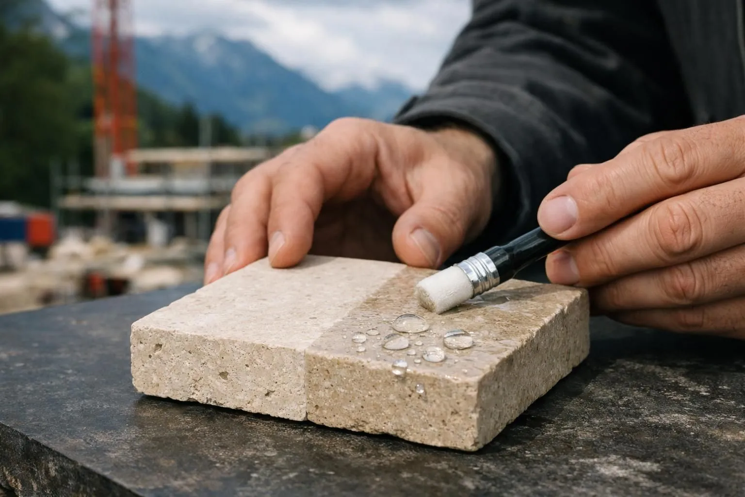 Close-up of professional hand applying transparent waterproofing sealant with brush on small test section of natural beige limestone surface, with water droplets beading on treated area next to untreated zone for comparison, natural outdoor lighting, Swiss construction site setting