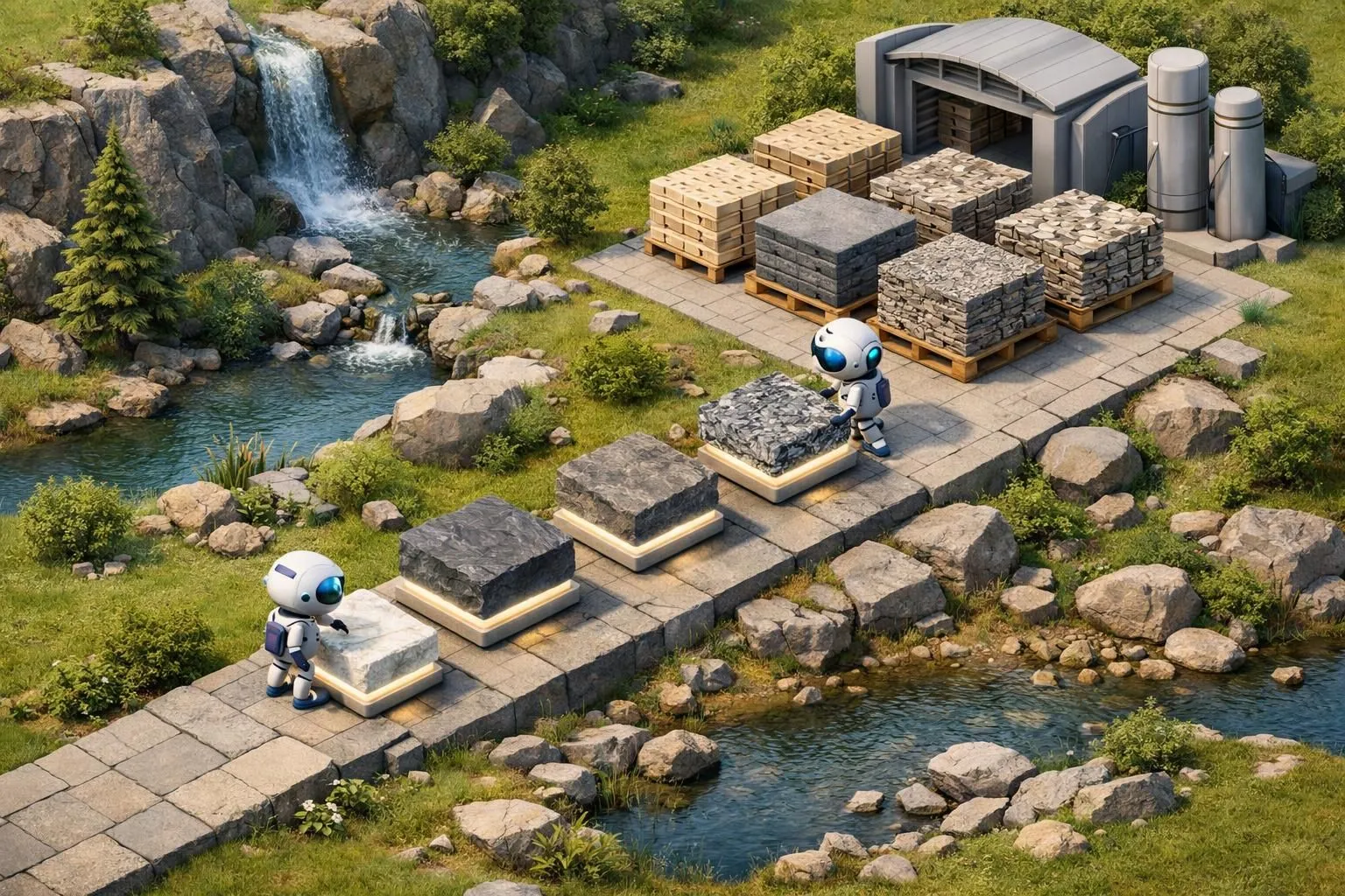 Rendu isométrique 3D: un robot joyeux guide le choix de pierres naturelles variées vers un grand stock pierre naturelle dispo