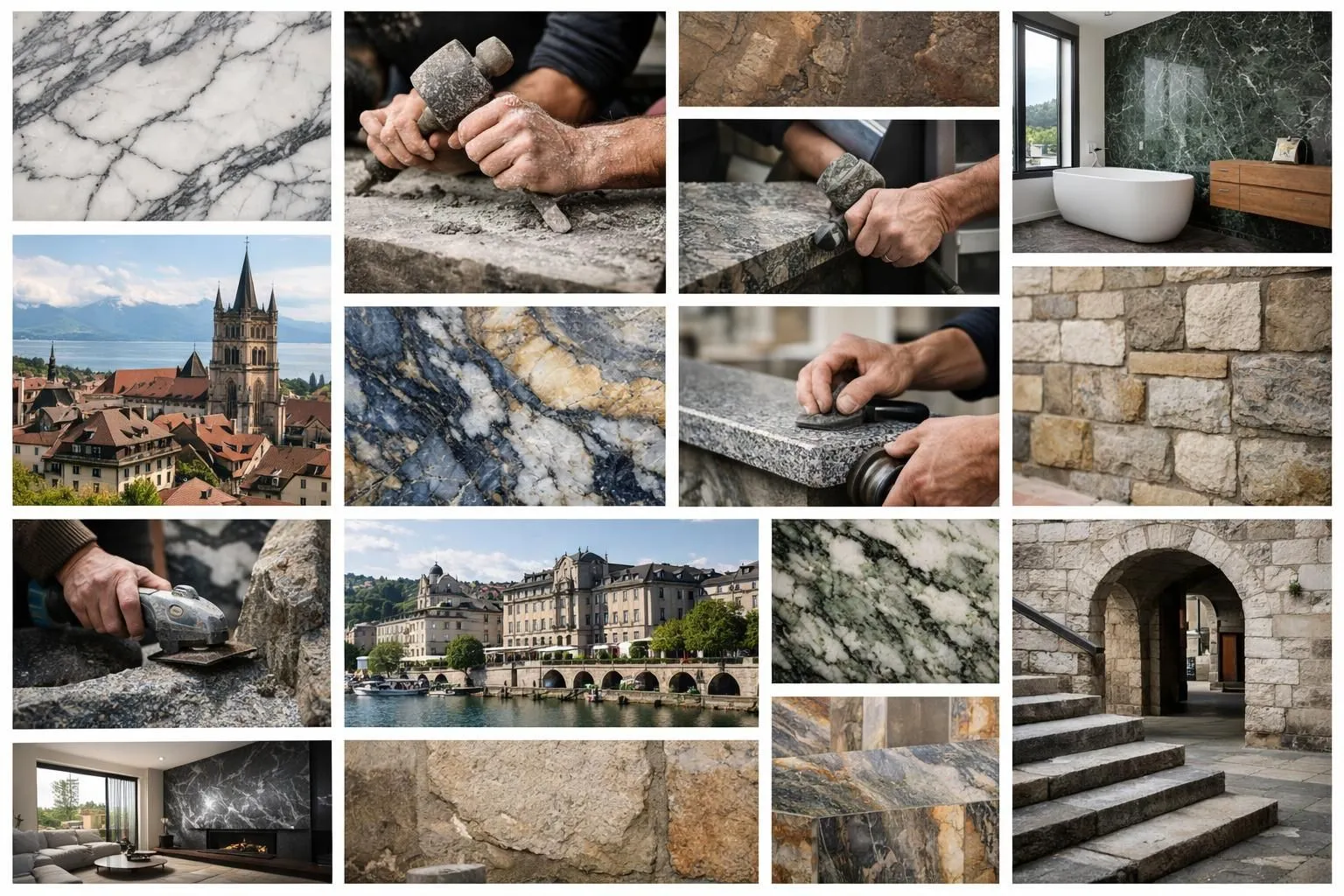 Collage de photos authentiques: expertise en societe pierre naturelle à Lausanne, montrant divers types de pierre et réalisat