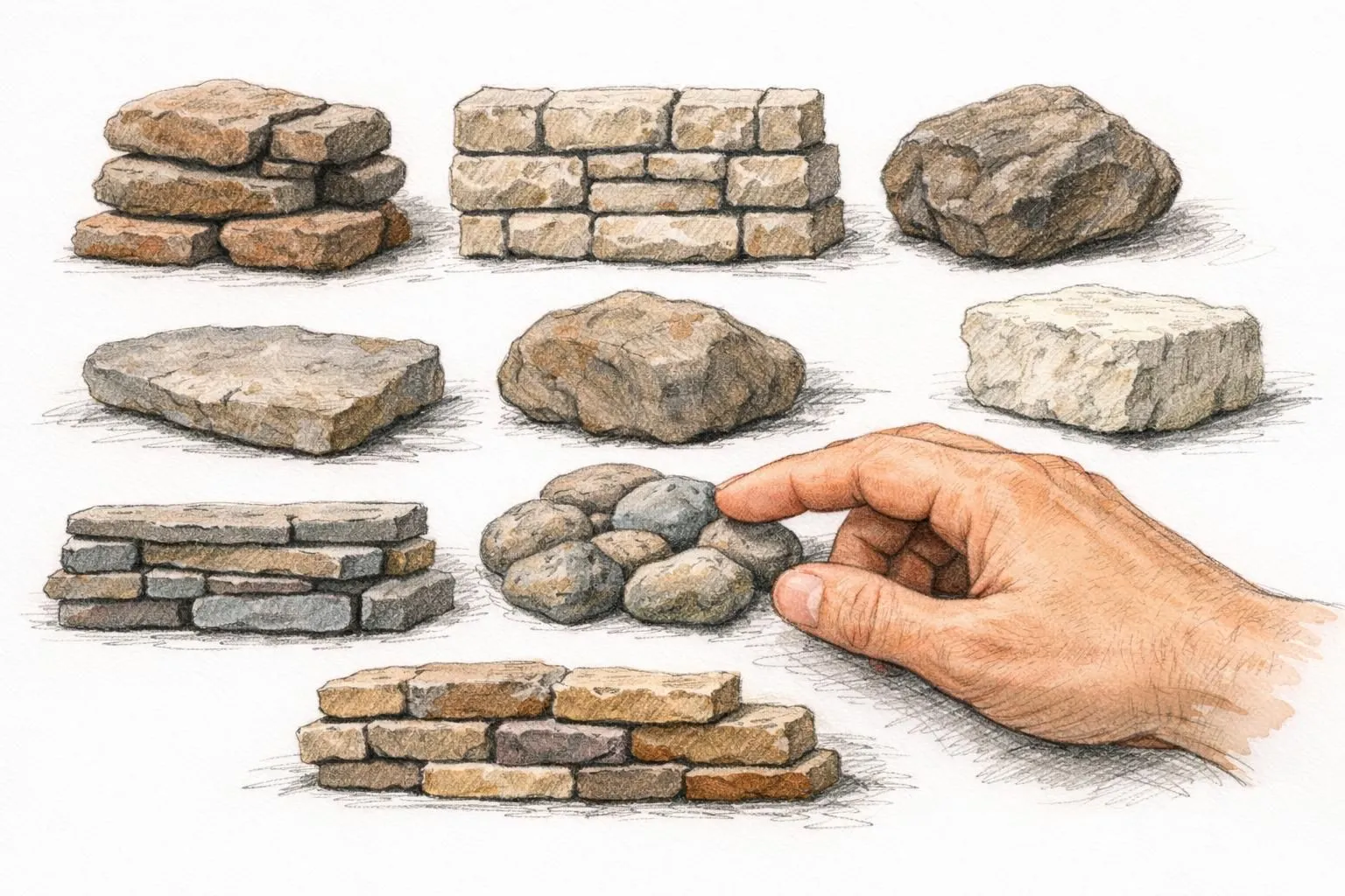 Dessin de pierres de parement extérieur variées, une main évalue les options pour choisir au meilleur prix en Suisse.
