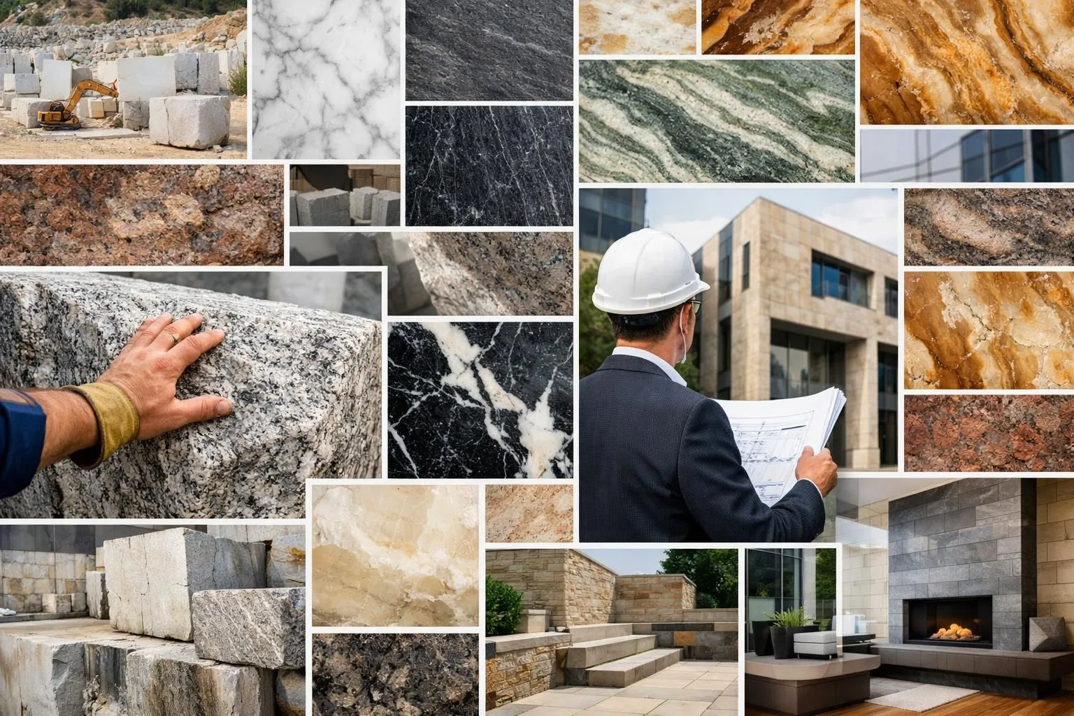 Collage photo de pierre naturelle variée et d'applications professionnelles. Fournisseur pierre naturelle canton de Fribourg.