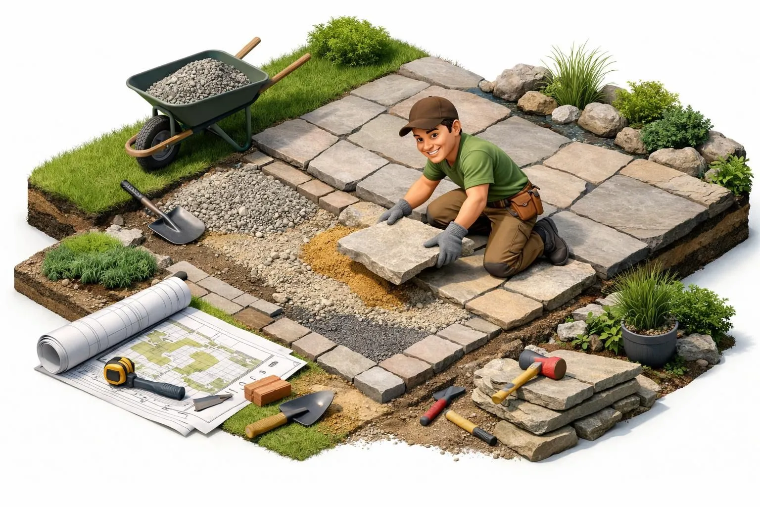Rendu isométrique moderne d'un projet d'aménagement extérieur en pierre naturelle; un pro maîtrise les étapes.
