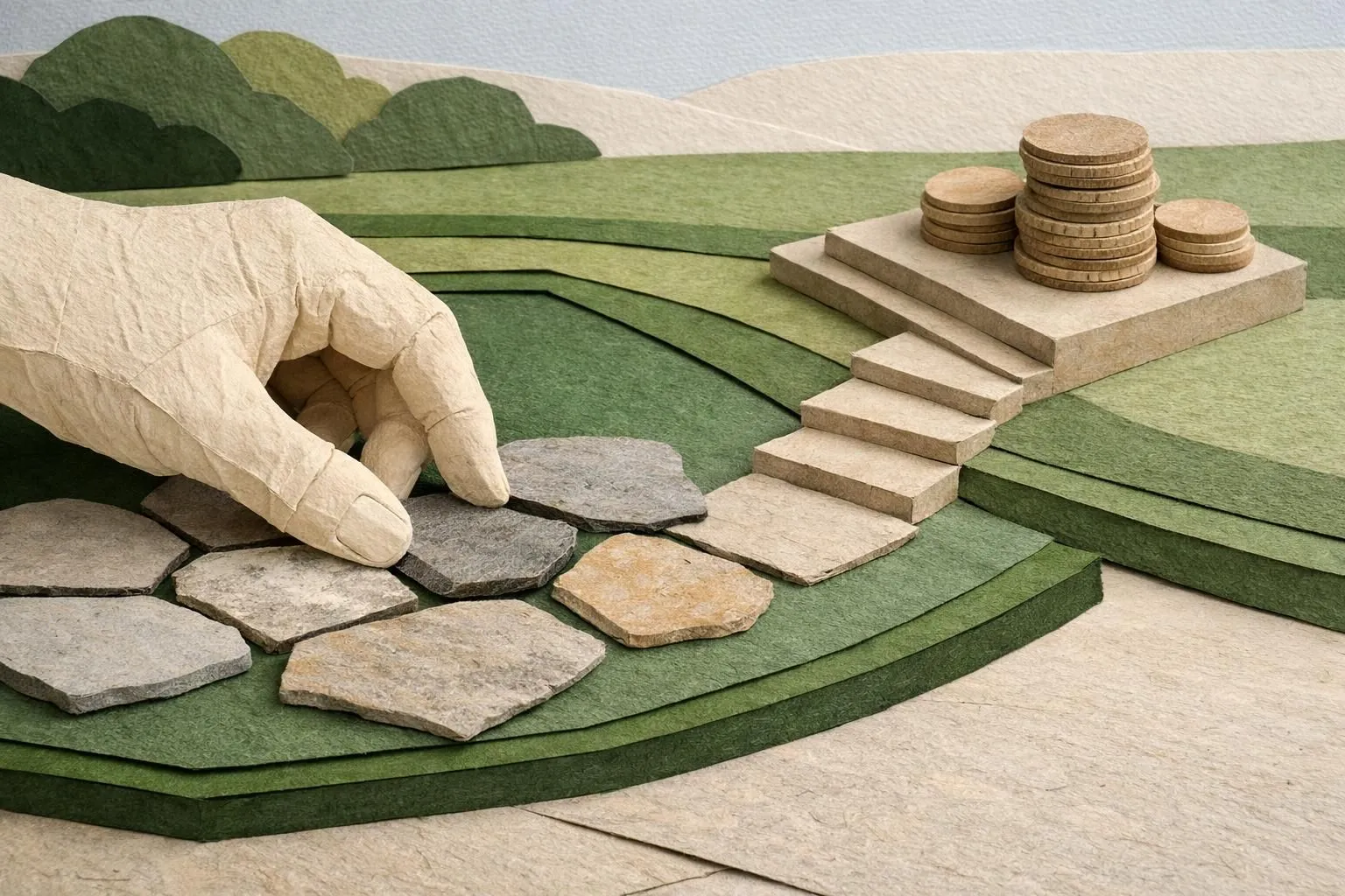 Estimation prix carreaux pierre naturelle terrasse: scène paper craft avec main plaçant tuiles et pile de pièces, illustrant