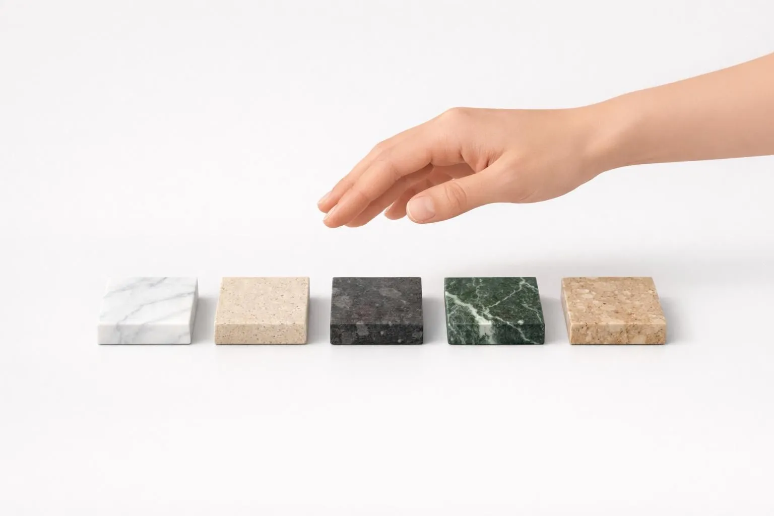 Comparatif fournisseurs pierre naturelle Suisse: main évaluant échantillons de marbre, granit, quartz pour projet.