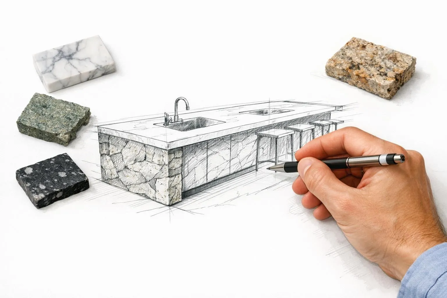Croquis d'une solution sur mesure en pierre naturelle qui transforme un projet suisse. Design personnalisé.