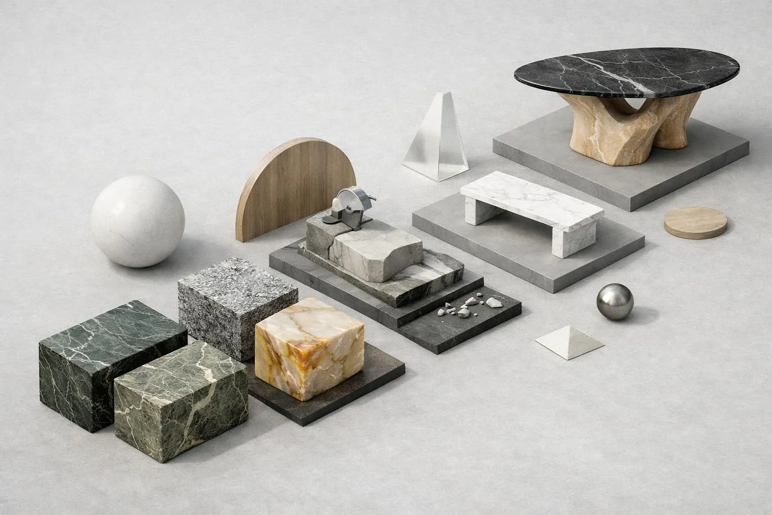 Création de mobilier en pierre naturelle: illustration 3D isométrique moderne de tables, bancs en marbre et granit pour desig