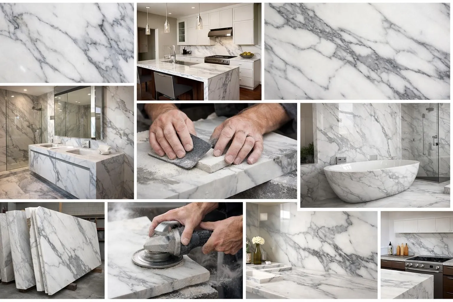 Collage authentique de marbre blanc Statuario en dalles et applications de luxe, reflétant son prix d'investissement.