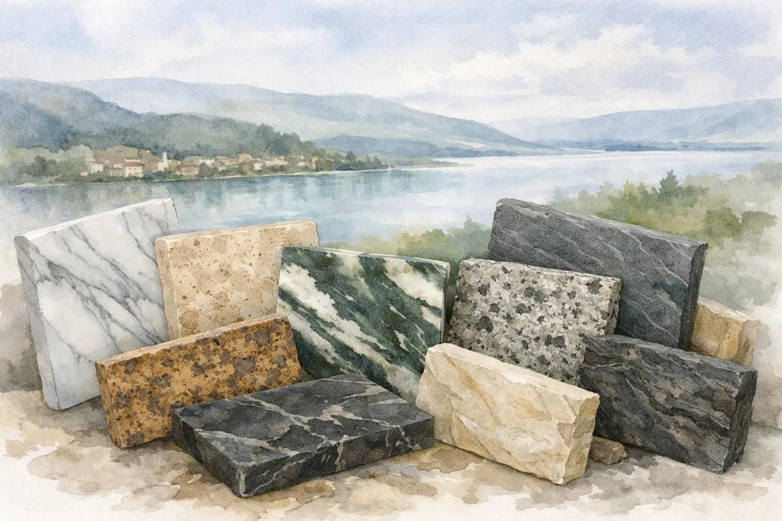 Pierre naturelle Neuchâtel: illustration aquarelle de dalles pour livraison. Votre expert fournisseur.