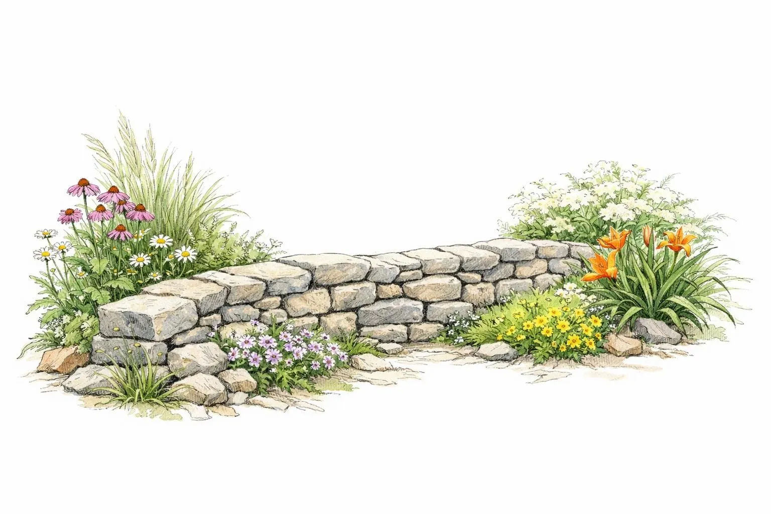 Muret pierre naturelle jardin dessiné à la main, élégant et durable, avec fleurs et verdure.