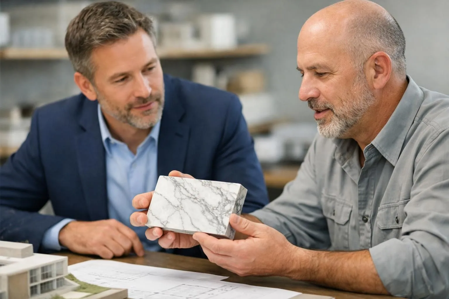 Architecte et représentant Global Stone collaborant. Partenaires pierre naturelle architecte pour des projets d'exception.