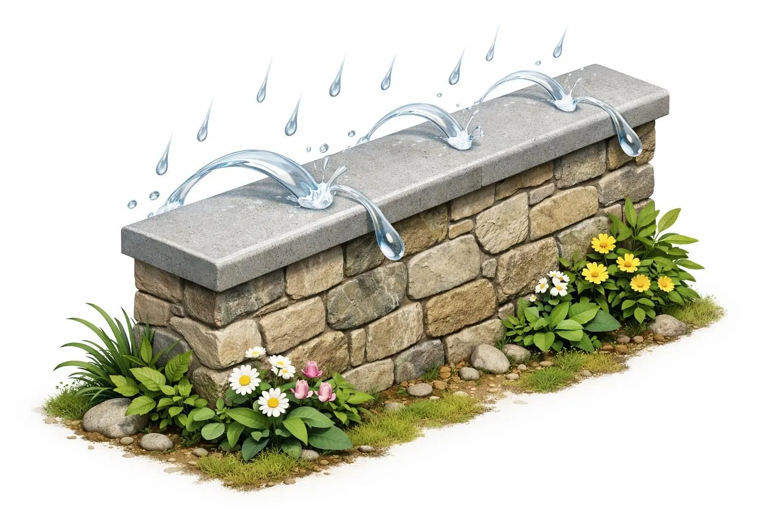 Couvertine mur pierre naturelle protège et sublime un mur. Design isométrique moderne et ludique avec verdure.