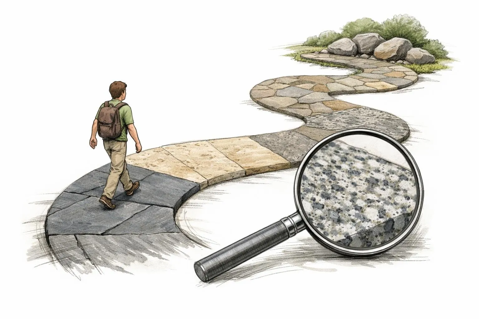 Dalles terrasse pierre naturelle comparaison: une personne examine différents types de pierres (travertin, granit) sur un che