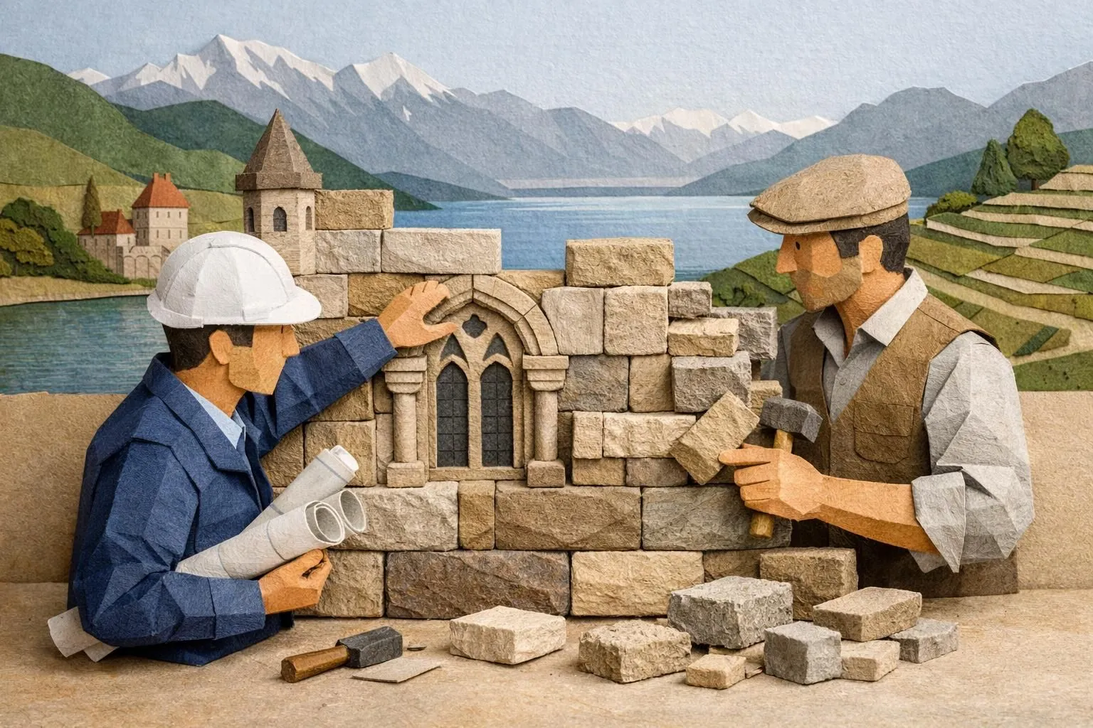 Partenaires architectes Vaud collaborant sur un projet en pierre, illustré en style papier découpé.