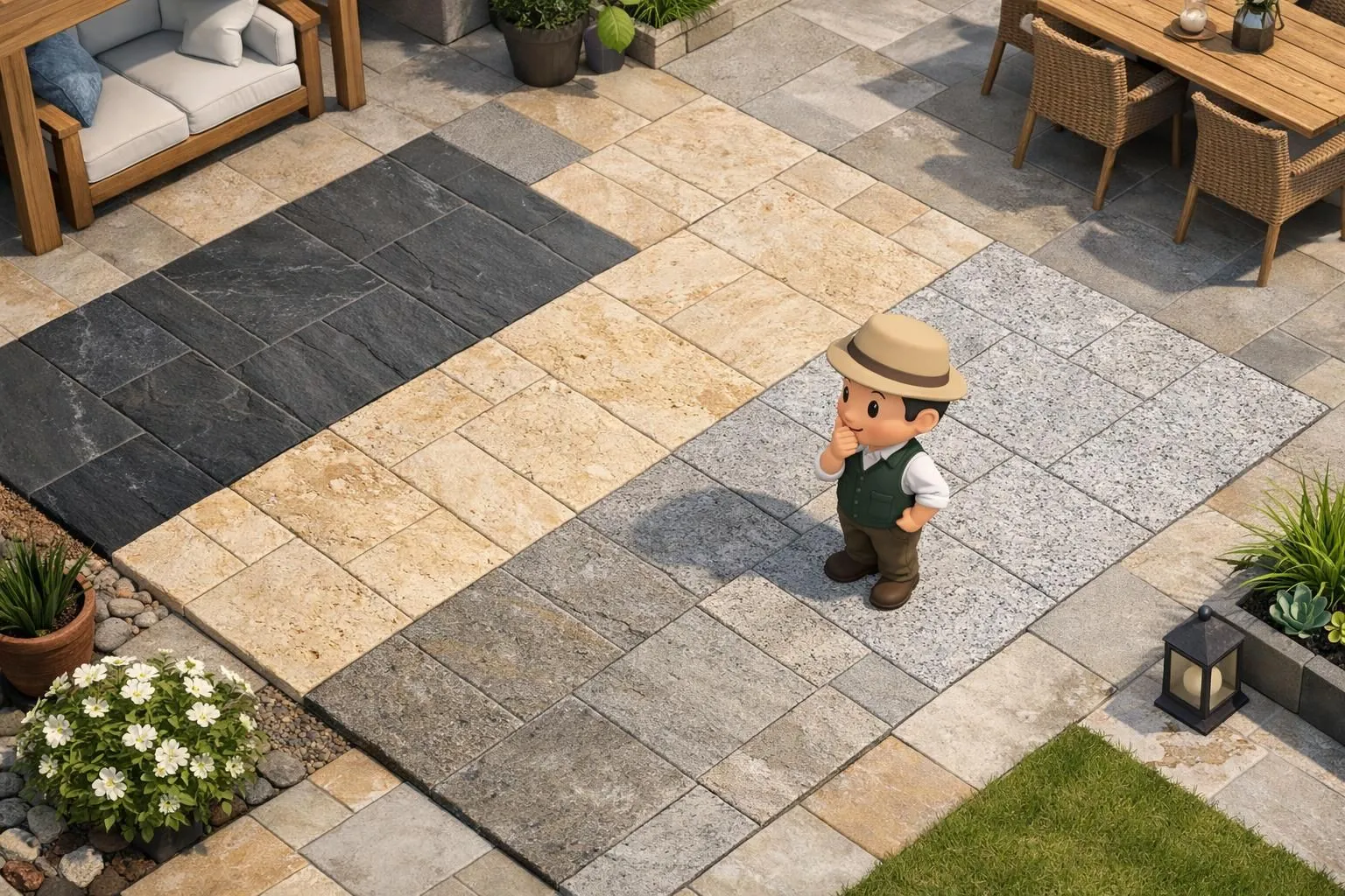 Illustration 3D isométrique moderne montrant le choix de pierres naturelles pour terrasse extérieure, un personnage examinant