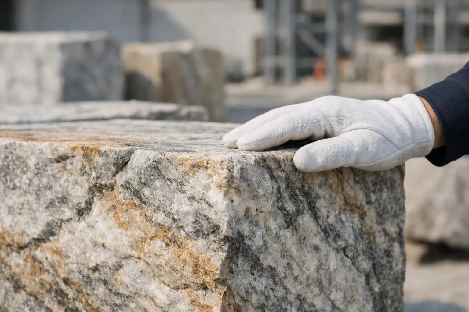 Main inspectant des blocs de pierre naturelle en vente pour projet. Qualité et texture diverses pour construction ou aménagem