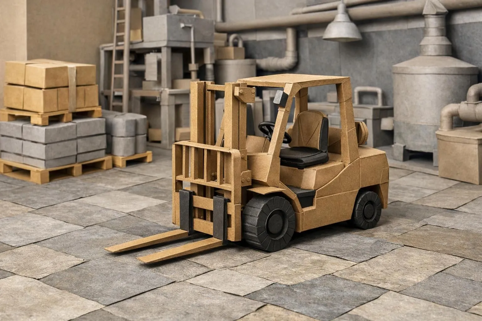 Sol industriel en pierre naturelle (paper craft) avec chariot élévateur origami, illustrant résistance et durabilité exceptio