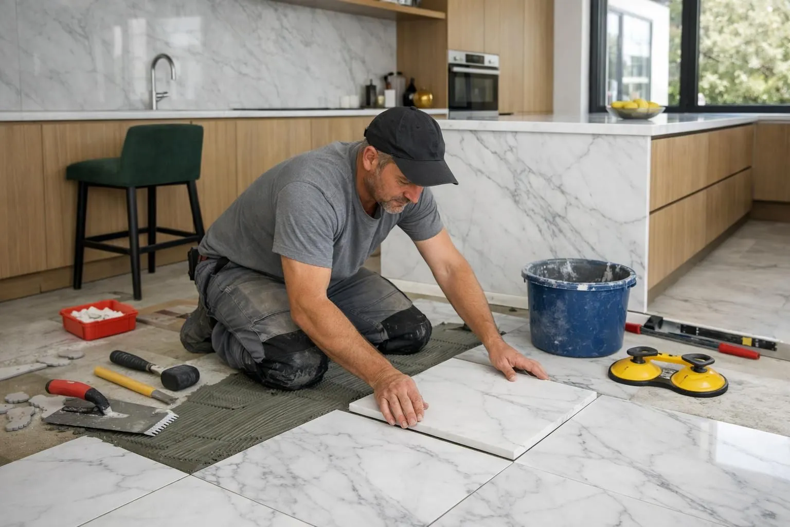 Artisan qualifié en train de poser des dalles de marbre blanc veiné dans une cuisine haut de gamme suisse, avec niveau laser et outils de carrelage professionnels visibles, éclairage naturel mettant en valeur la texture du matériau