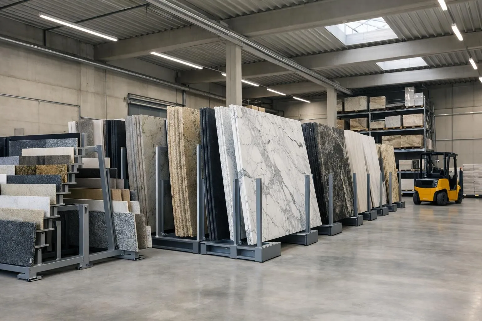 Modern warehouse interior with organized natural stone inventory, granite and marble slabs displayed vertically on metal racks, professional lighting highlighting stone textures, forklift in background, clean industrial storage facility, Swiss precision organization