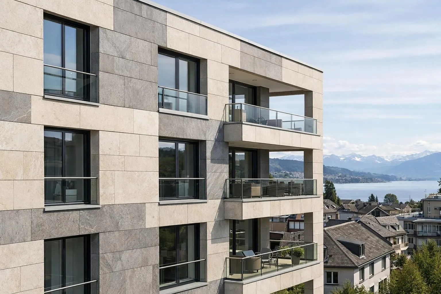 Façade contemporaine d'immeuble résidentiel suisse avec bardage en pierre naturelle gris clair et beige, architecture moderne épurée montrant alternance de panneaux de pierre naturelle, vue rapprochée des détails de pose, lumière naturelle de jour révélant texture et relief des matériaux, contexte urbain suisse discret en arrière-plan