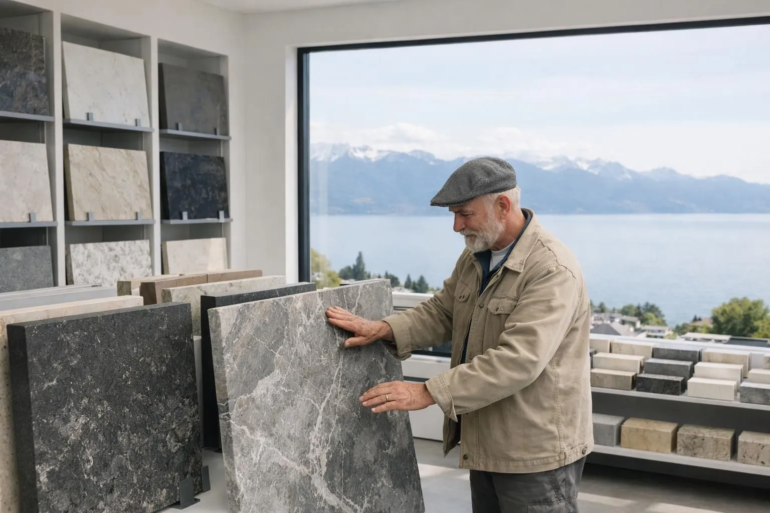 Professional stone mason examining large slabs of natural stone (granite, marble, limestone) in a bright warehouse showroom in Lausanne, with Lake Geneva visible through large windows in background, Swiss quality materials neatly organized on display racks