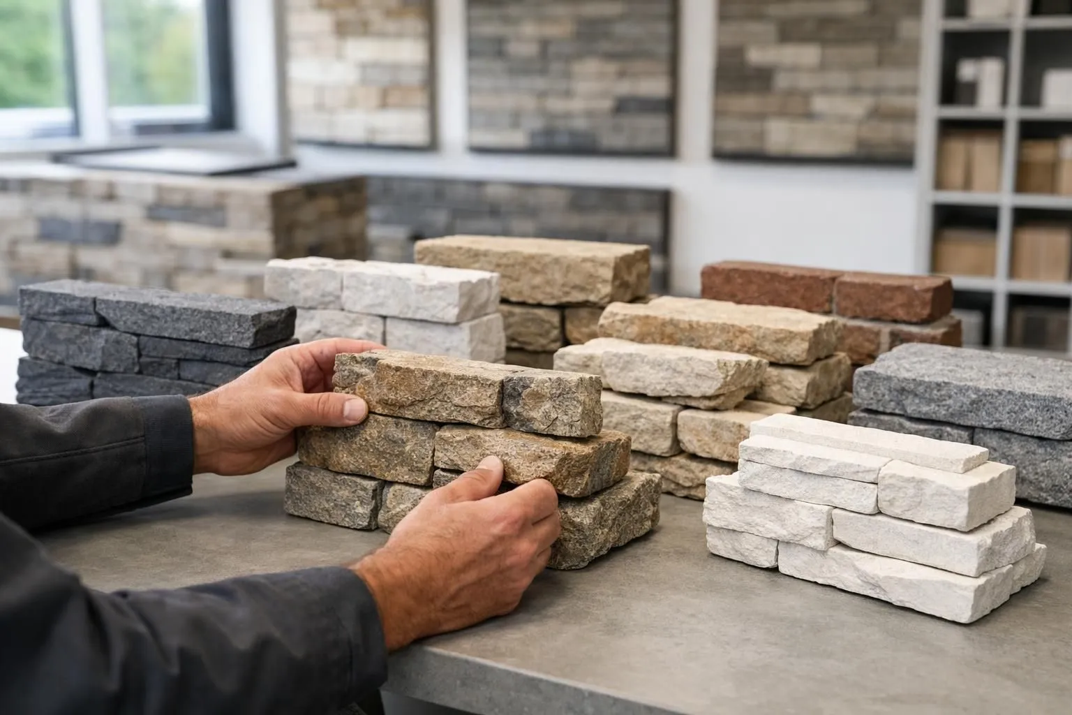 Close-up view of various natural stone cladding samples displayed on a work surface in a Swiss construction materials showroom, showing different textures and colors of granite, quartzite and limestone pavement stones with visible price tags in CHF, with a professional's hands examining the samples, realistic photography, natural daylight