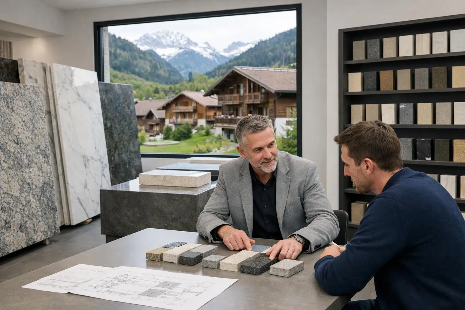 Professional stone supplier showroom in Fribourg canton displaying granite and marble slabs with architect consulting expert, traditional alpine architecture visible through window, organized material samples in elegant modern space