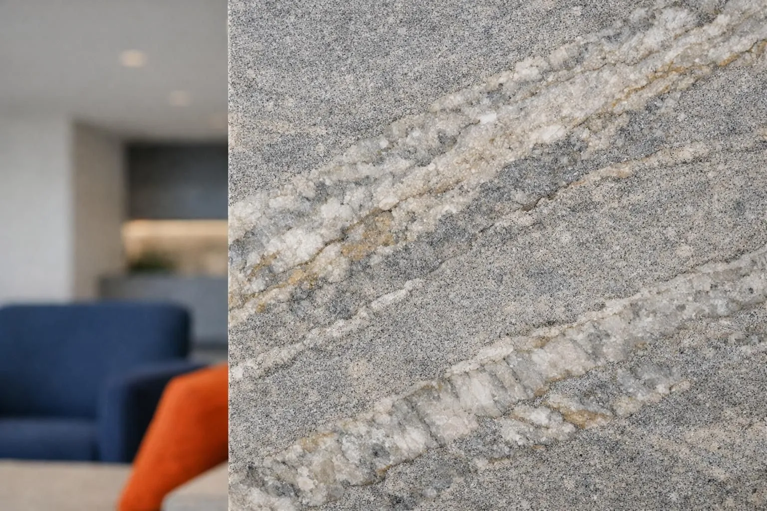 Close-up view of luxury Karsuk natural stone with sandblasted finish showing textured surface and elegant mineral patterns in modern architectural interior setting