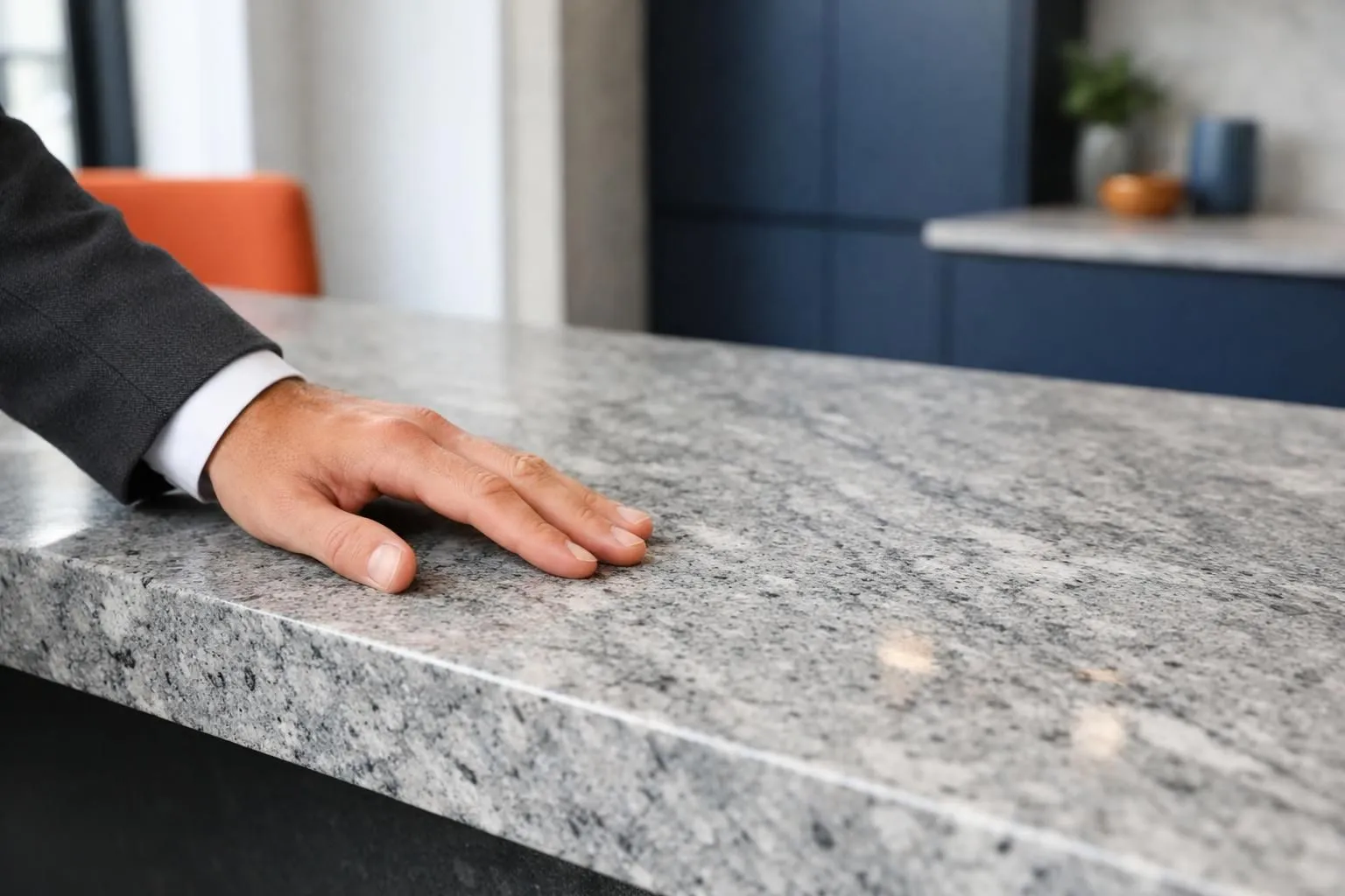Close-up of polished gray granite slab with subtle mouse-colored veining being examined by architect's hand in modern Swiss showroom with natural lighting highlighting stone texture and mineral patterns