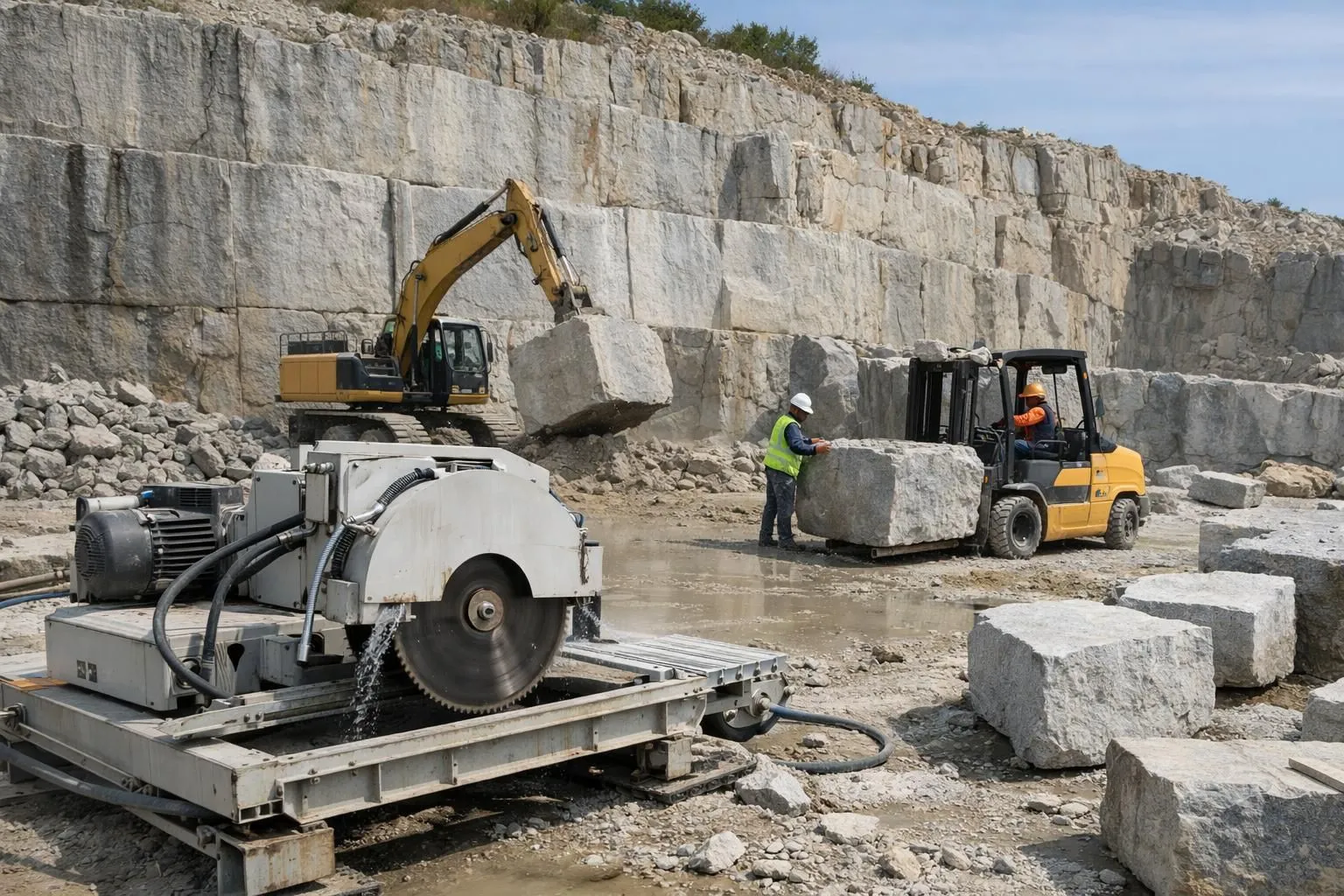 Workers operating machinery in an open quarry extracting natural stone blocks from a mountainside, with layered rock formations visible and stone cutting equipment in the foreground, industrial construction scene in natural daylight