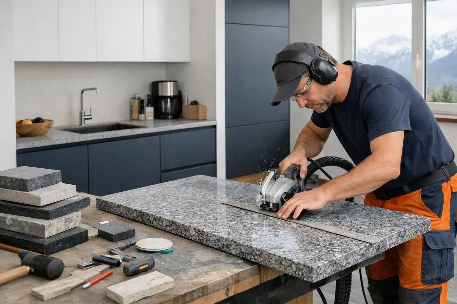 Professional stonemason measuring and cutting high-quality granite slab in Swiss workshop for custom kitchen countertop project, tools and natural stone samples visible on workbench
