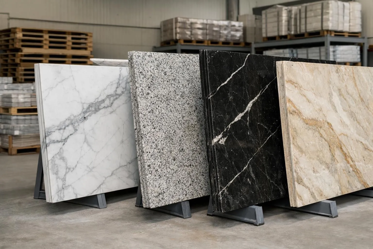 Close-up photorealistic view of natural stone slabs displayed in a professional warehouse setting with soft natural lighting, showing granite and marble surfaces with various textures and colors, construction materials in background, Swiss industrial environment