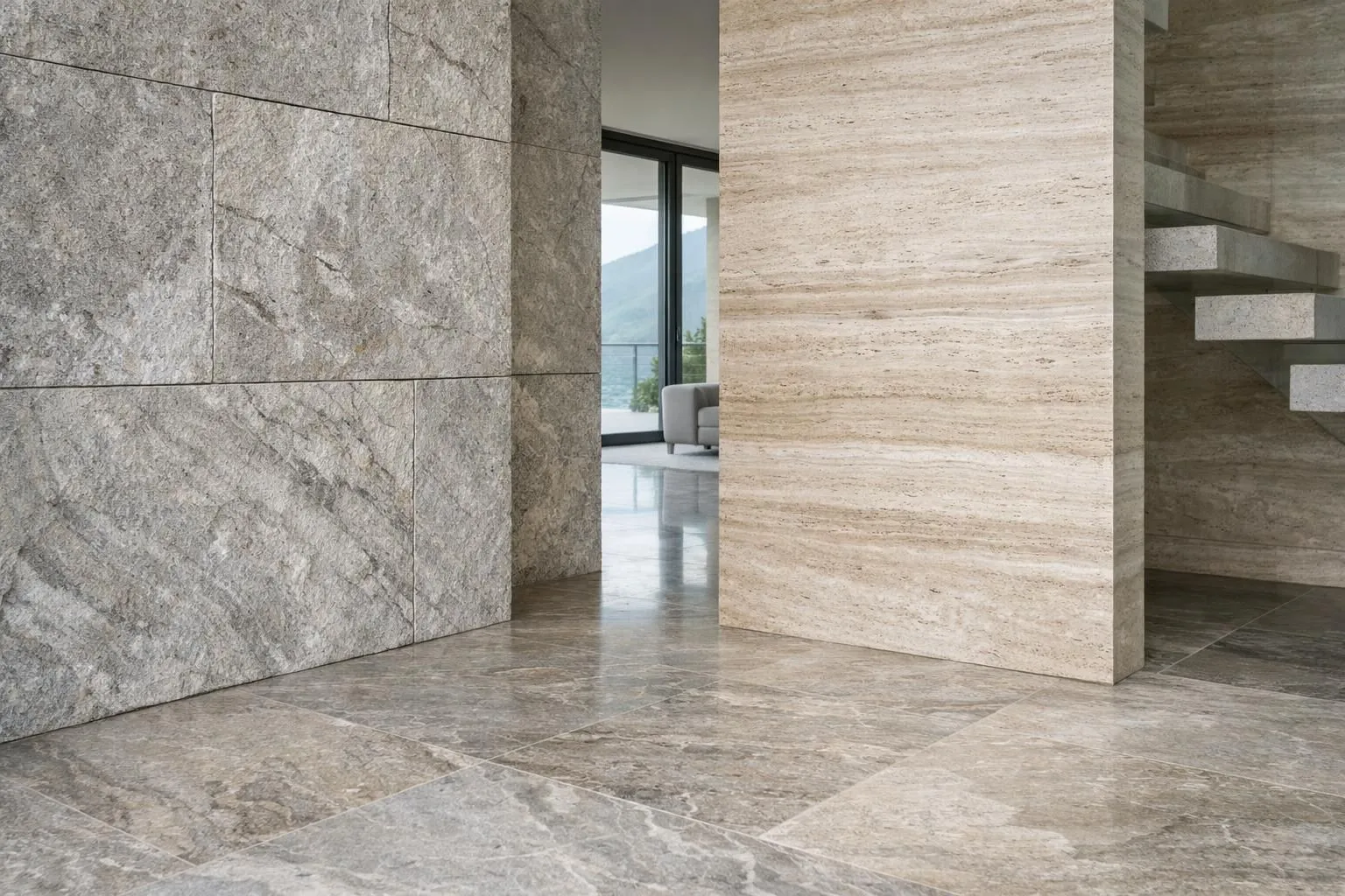 Modern Swiss luxury villa interior showcasing natural stone walls and flooring, professional architectural photography with visible stone textures and grain patterns, contemporary design with natural light, high-end residential project in Switzerland