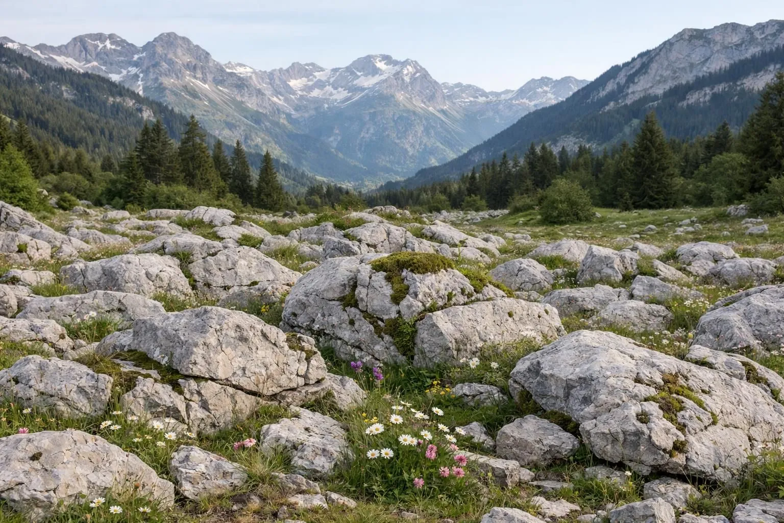 Natural stone garden wall in a Swiss alpine setting with native wildflowers, lush greenery, and mountain backdrop visible, showcasing weathered limestone blocks with moss accents and natural patina, professional landscape photography, golden hour lighting