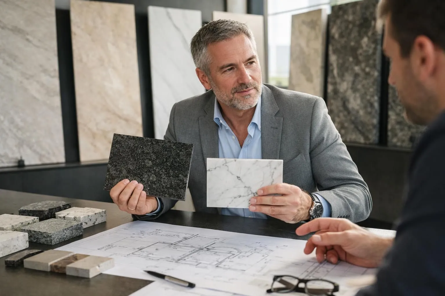 Professional architect and natural stone specialist examining large marble and granite slabs in modern Swiss showroom, discussing technical specifications with samples and architectural plans visible on table, natural lighting highlighting stone textures