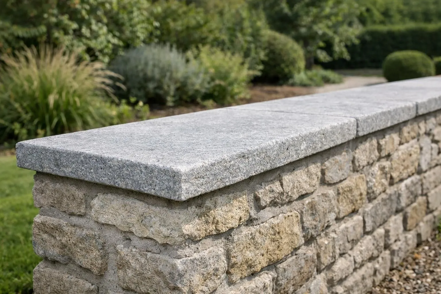 Close-up view of natural stone coping protecting the top of a traditional stone wall, showing rainwater properly draining off the angled surface, detailed texture of weathered limestone or granite, architectural protective element in outdoor garden setting