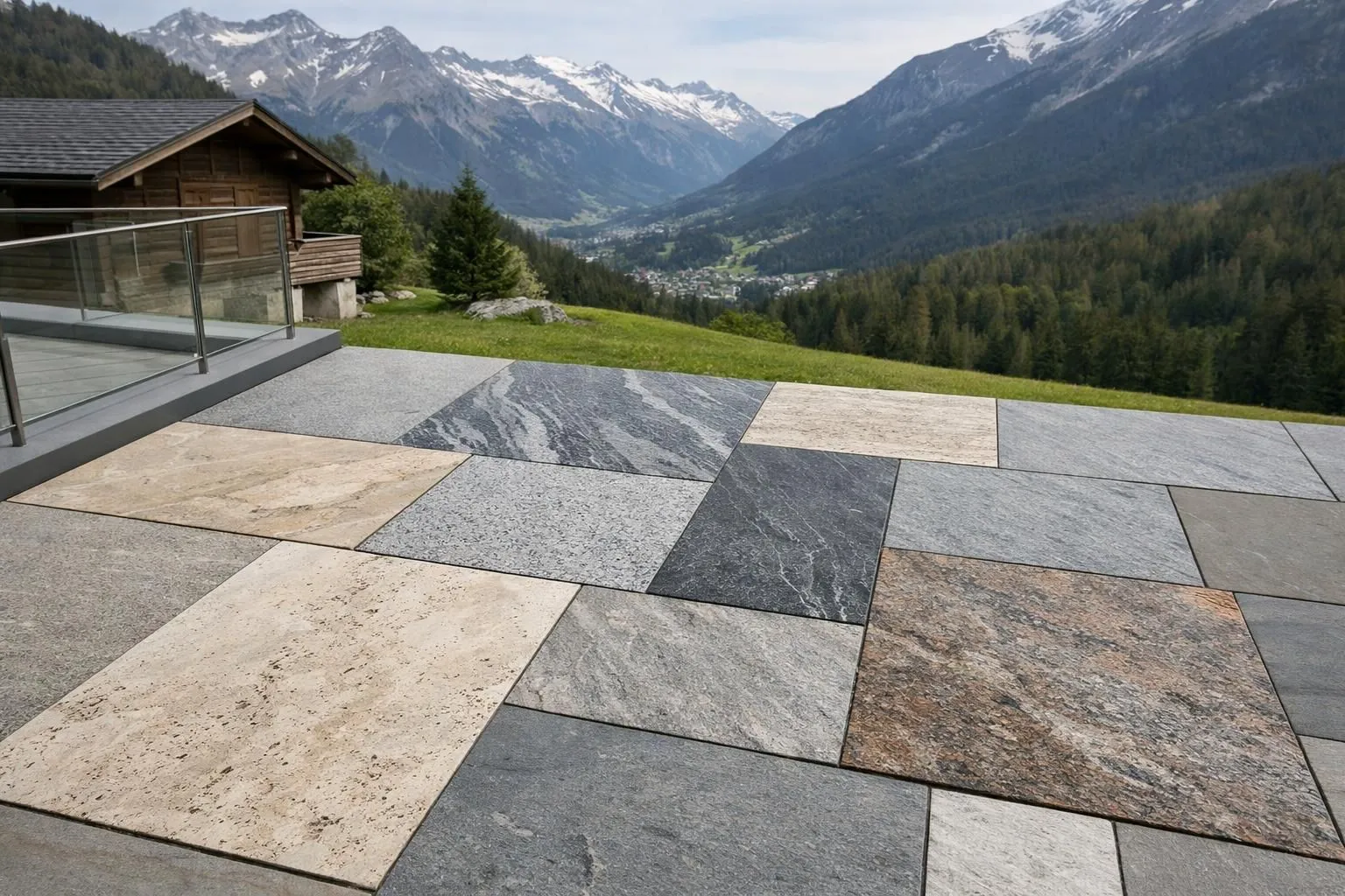 Close-up view of various natural stone paving slabs arranged on a Swiss terrace, showcasing different textures and colors including granite, gneiss, and travertine tiles with visible unique veining patterns, natural surface finishes, set against a backdrop of Swiss alpine scenery with traditional chalet architecture
