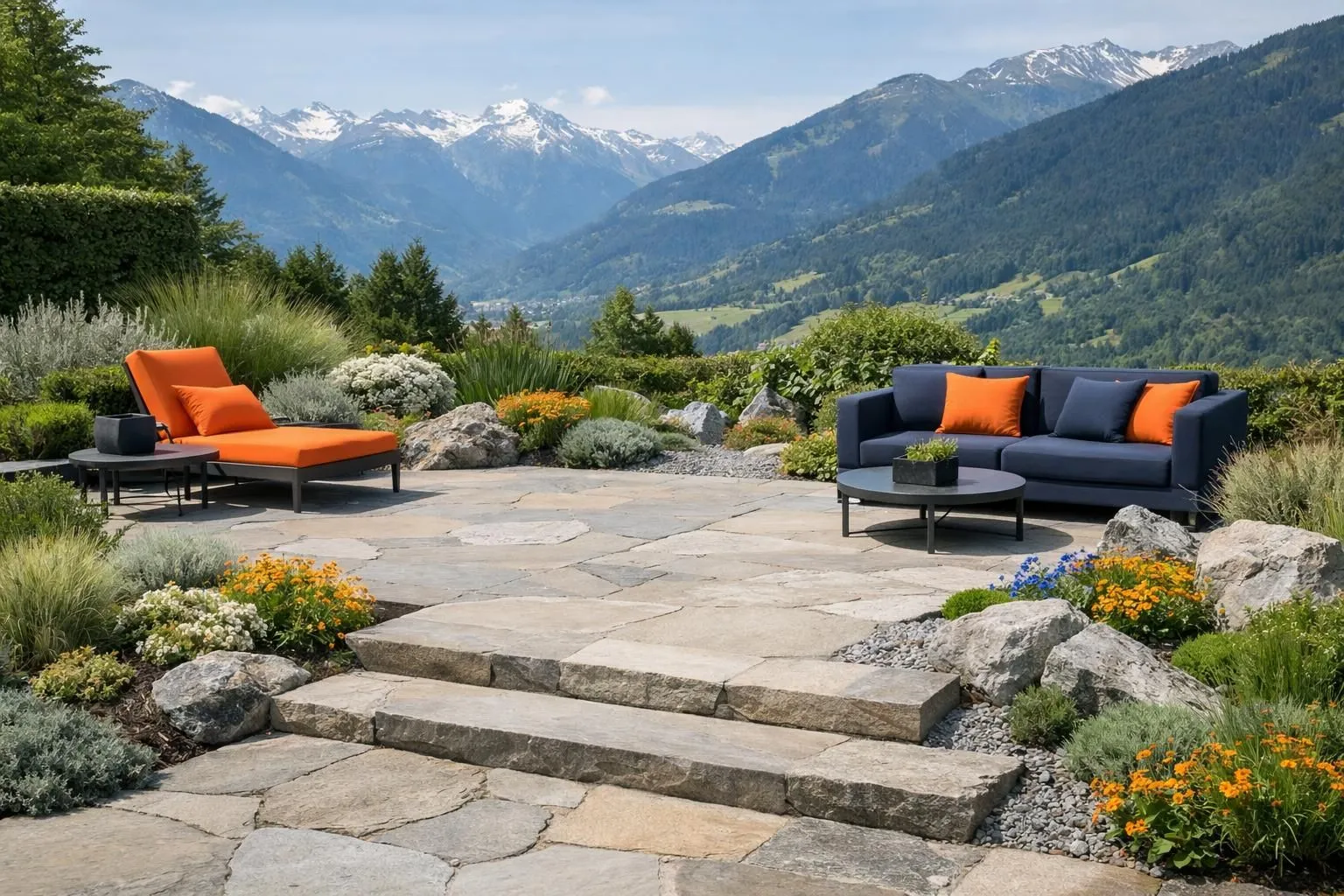 Elegant Swiss garden terrace with natural stone paving and steps, surrounded by alpine plants and mountain views, professional landscaping design without any text or labels