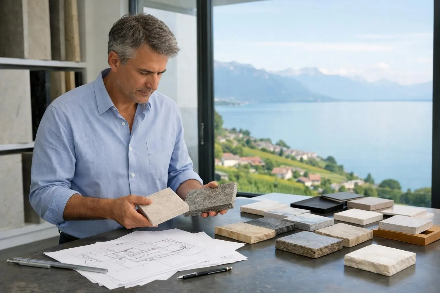 Architect examining natural stone samples at modern showroom table in Vaud, Switzerland, with technical drawings and material swatches spread out, bright natural lighting through large windows showing Lake Geneva landscape in background