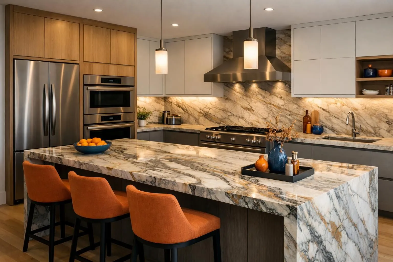 Elegant modern kitchen interior featuring a large natural stone countertop with distinctive marble veining, warm lighting highlighting the stone's texture and depth, stainless steel appliances integrated, spacious layout showcasing the stone's premium quality, natural wood cabinetry complementing the stone surface