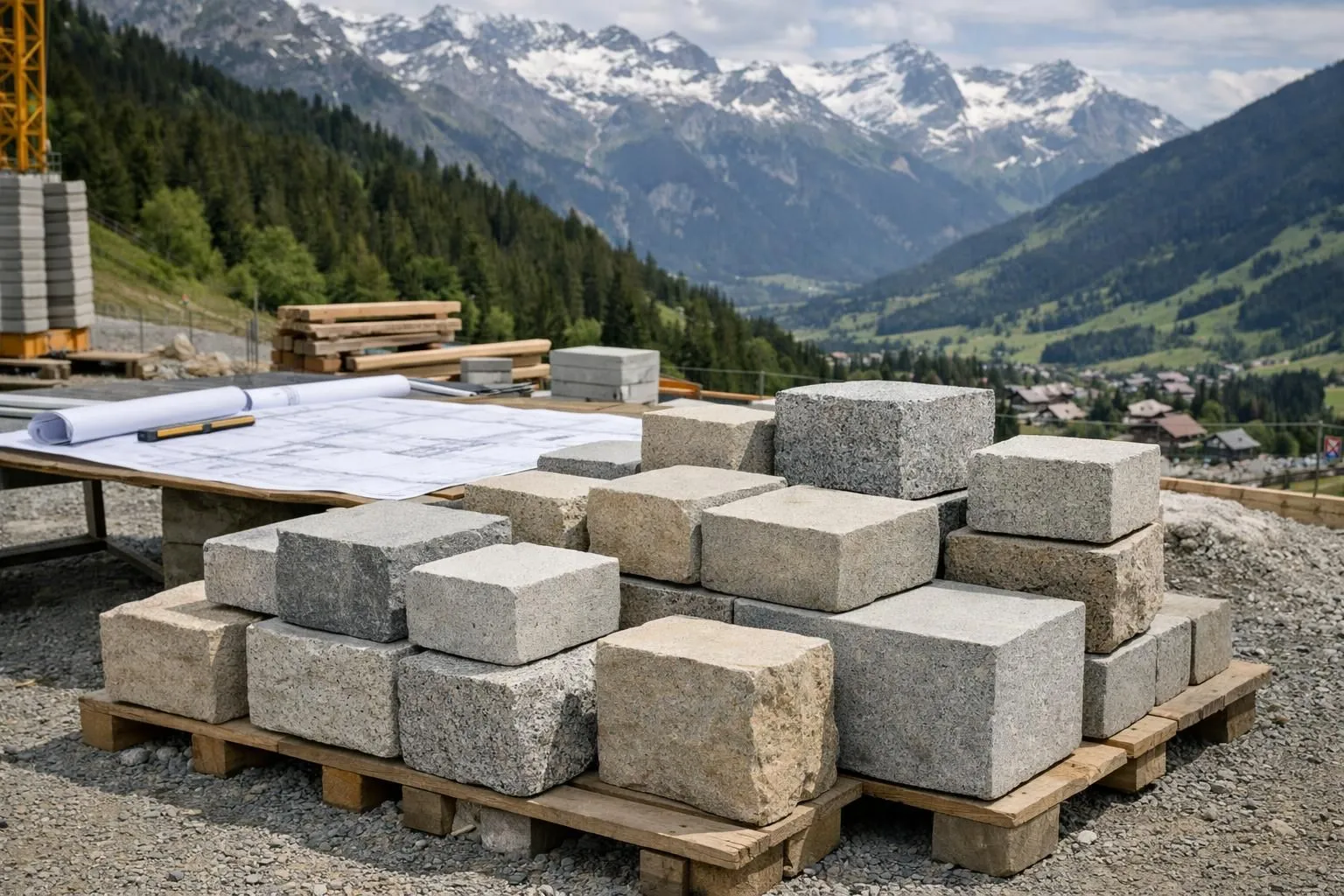 Close-up view of precisely cut natural stone blocks arranged at a Swiss construction site with modern architectural blueprints visible, showcasing granite and limestone blocks ready for installation in a luxury building project against alpine mountain backdrop