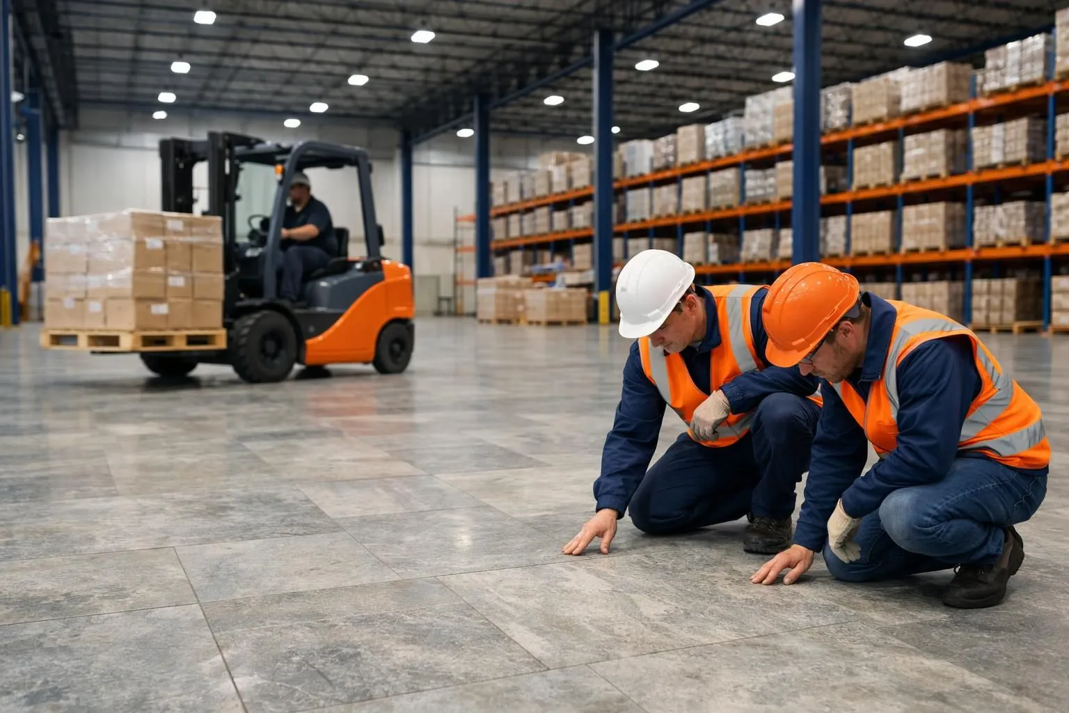 Industrial warehouse floor showing heavy forklift moving pallets over durable natural stone flooring, with workers in safety equipment inspecting surface quality under bright overhead lighting