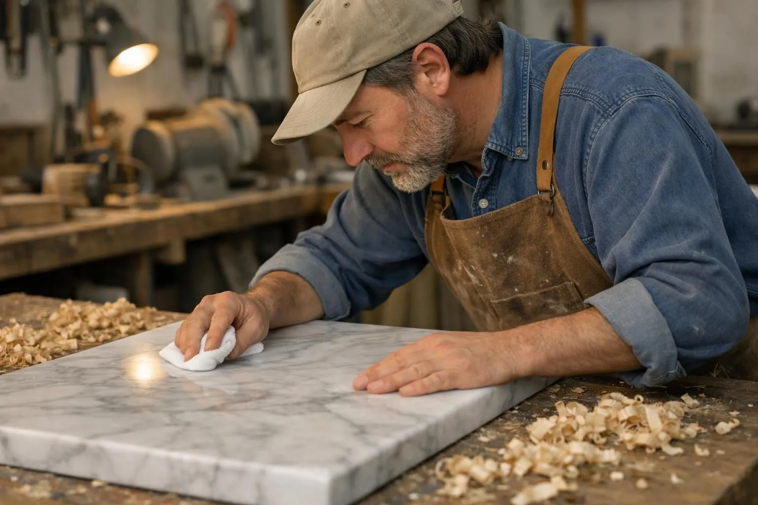 Warehouse display of natural stone varieties showing polished marble slabs, raw granite blocks, travertine tiles and slate samples arranged by color and texture, professional construction material showroom setting with good lighting highlighting natural stone patterns and finishes