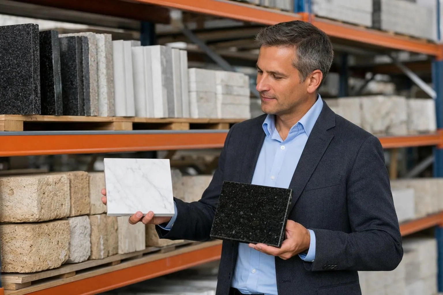 Professional showroom display of various natural stone samples including polished granite slabs, white marble tiles, and travertine blocks arranged on industrial shelving, with quality inspection in a Swiss natural stone wholesaler warehouse setting